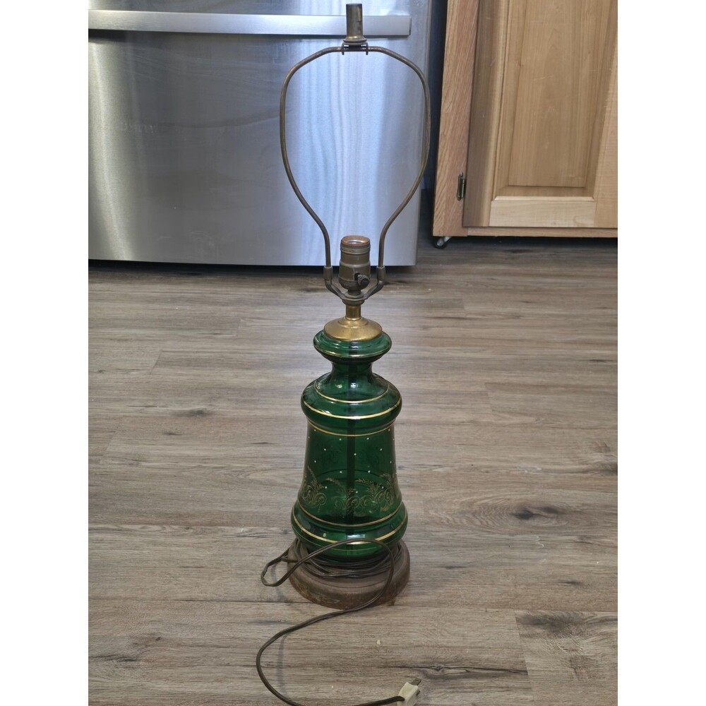 VTG Mid Century Brass Retro Leviton Mod  Green Glass Table Lamp